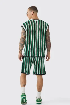 boohooMAN Oversized Open Stitch Stripe V Neck Tank And Short Set | UK| Sets & Co-Ords|Tracksuits