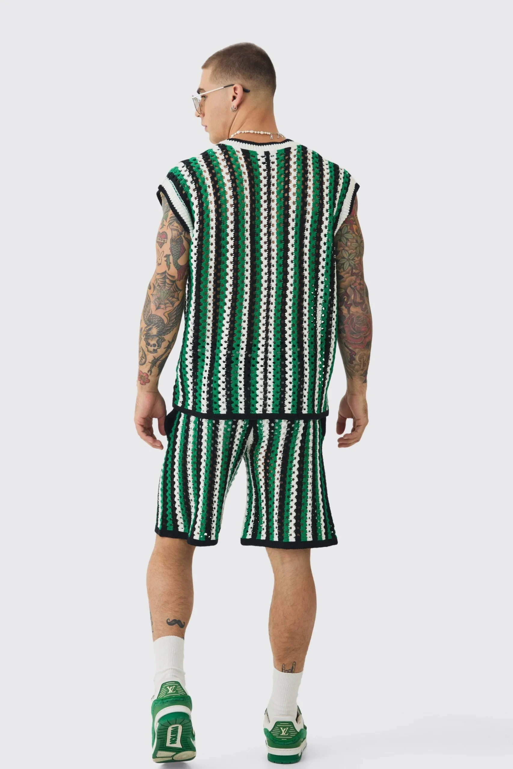 boohooMAN Oversized Open Stitch Stripe V Neck Tank And Short Set | UK| Sets & Co-Ords|Tracksuits