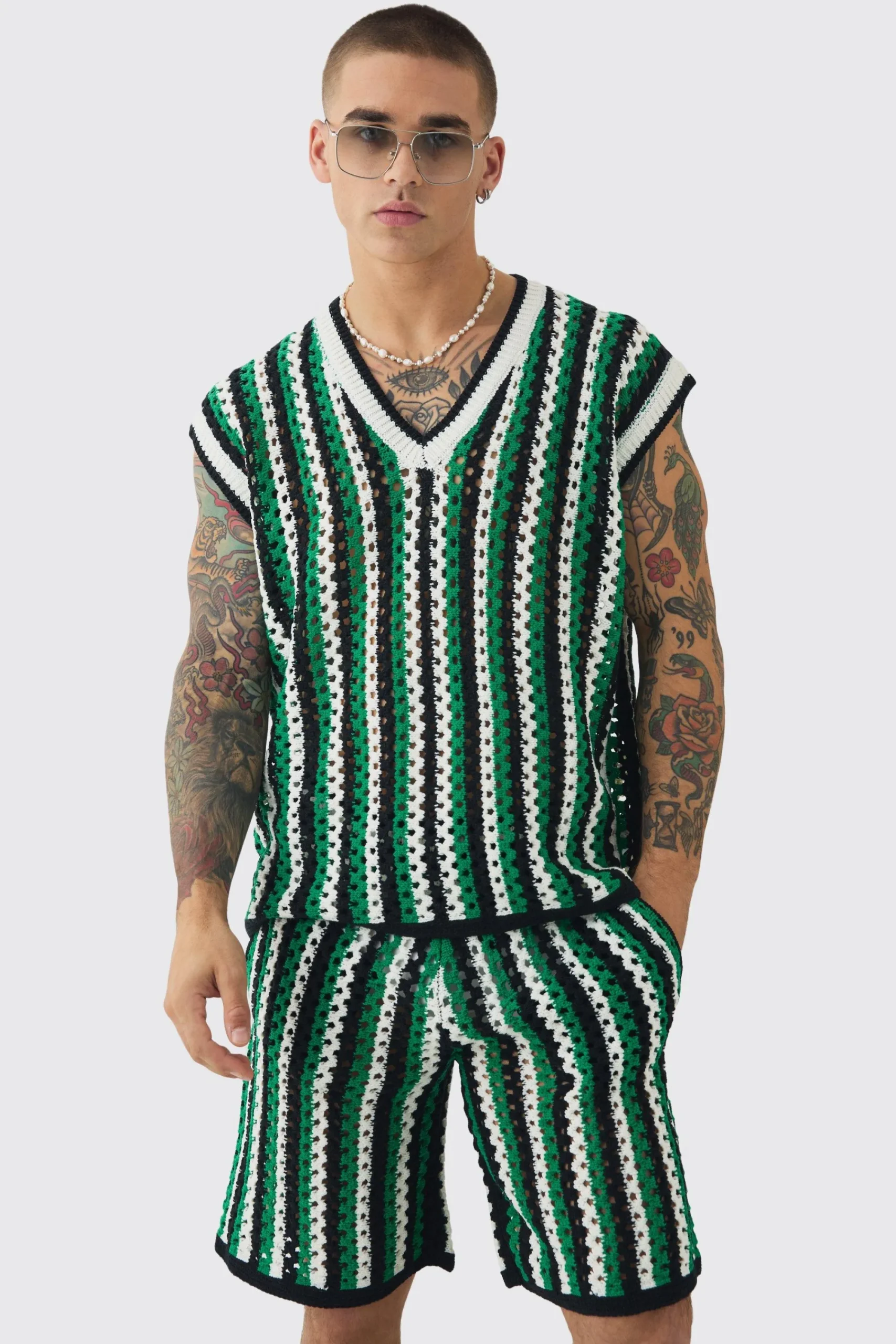 boohooMAN Oversized Open Stitch Stripe V Neck Tank And Short Set | UK| Sets & Co-Ords|Tracksuits