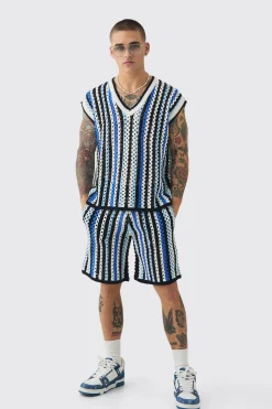 boohooMAN Oversized Open Stitch Stripe V Neck Tank And Short Set | UK| Sets & Co-Ords|Tracksuits
