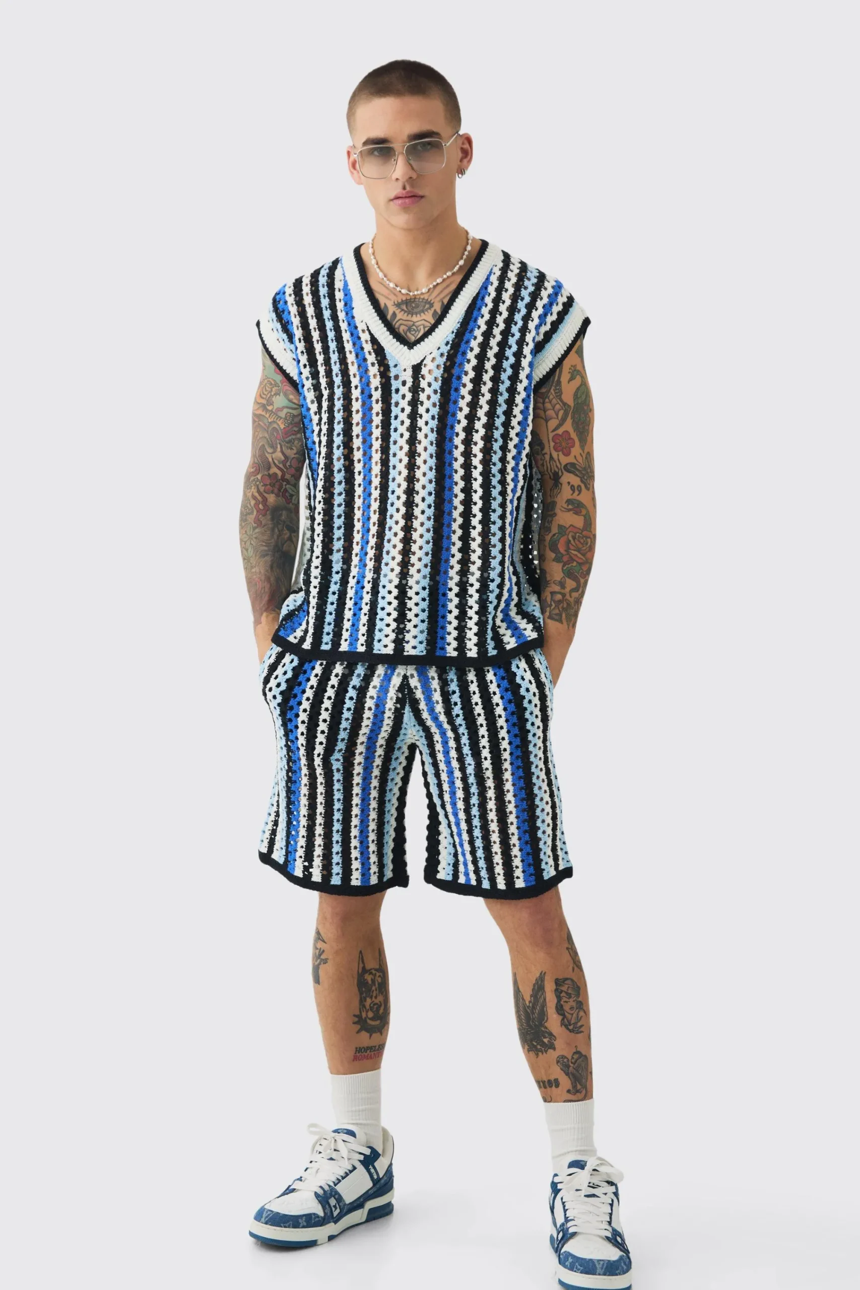 boohooMAN Oversized Open Stitch Stripe V Neck Tank And Short Set | UK| Sets & Co-Ords|Tracksuits