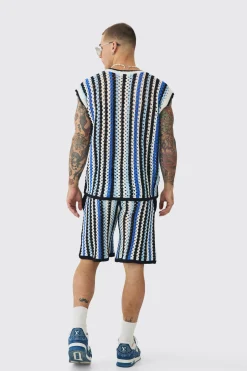 boohooMAN Oversized Open Stitch Stripe V Neck Tank And Short Set | UK| Sets & Co-Ords|Tracksuits