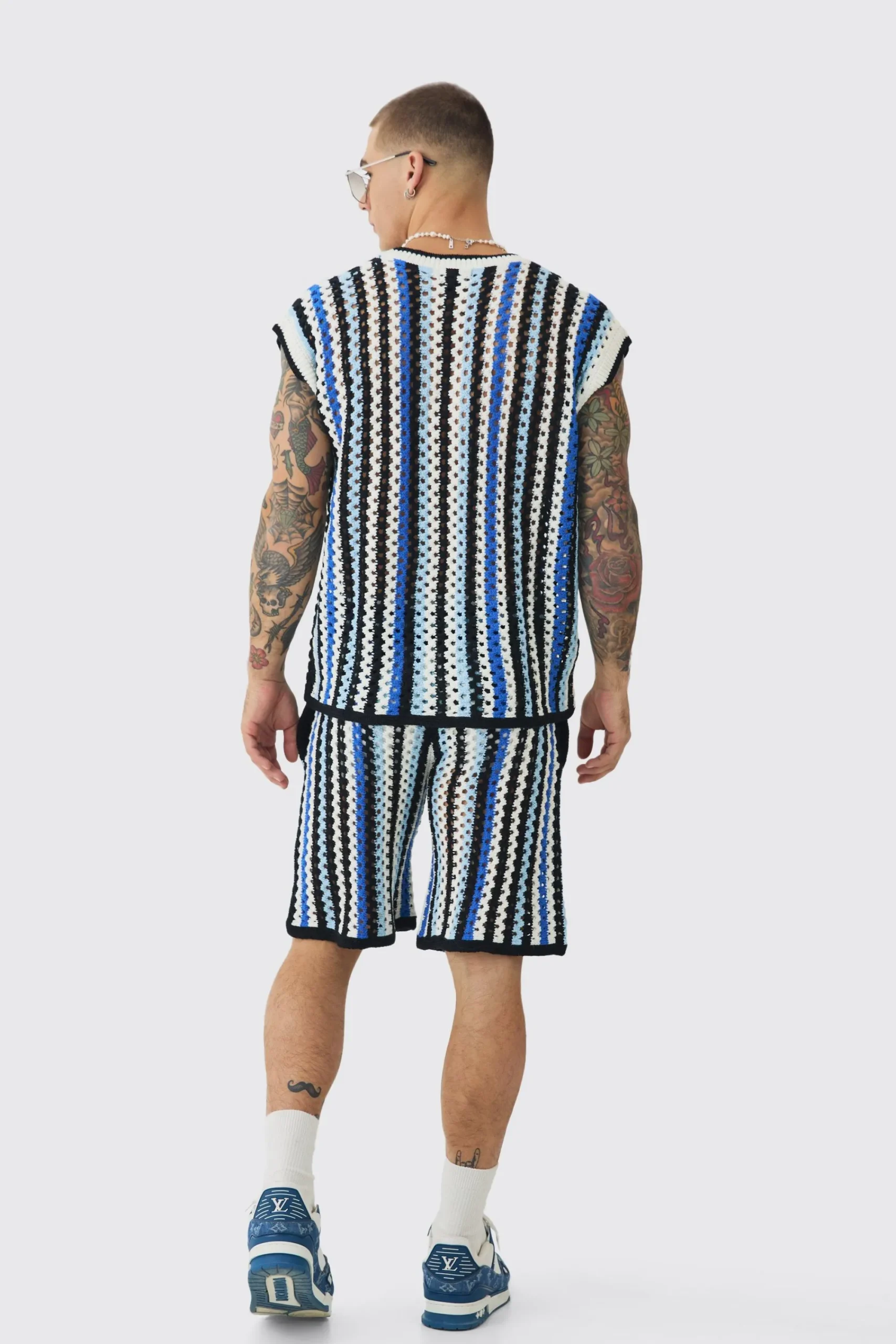 boohooMAN Oversized Open Stitch Stripe V Neck Tank And Short Set | UK| Sets & Co-Ords|Tracksuits