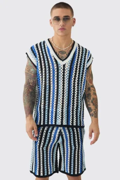 boohooMAN Oversized Open Stitch Stripe V Neck Tank And Short Set | UK| Sets & Co-Ords|Tracksuits