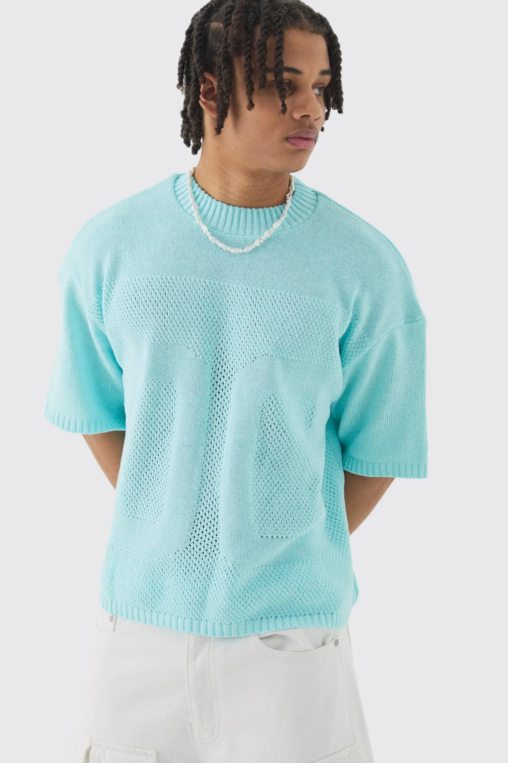 Oversized Open Stitch Tonal Varsity Knitted T-shirt | UK^boohooMAN Online