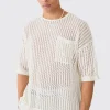 Oversized Open Stitch Tshirt With Pocket In Ecru | UK^boohooMAN