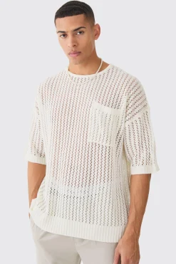 Oversized Open Stitch Tshirt With Pocket In Ecru | UK^boohooMAN