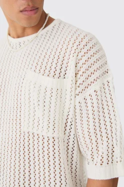 Oversized Open Stitch Tshirt With Pocket In Ecru | UK^boohooMAN