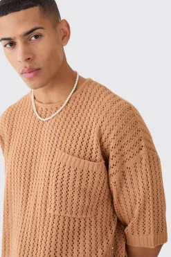 Oversized Open Stitch Tshirt With Pocket In | UK^boohooMAN Outlet