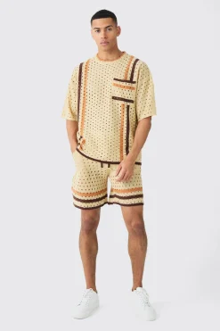 boohooMAN Oversized Open Stitch T-shirt Short Knitted Set | UK| Sets & Co-Ords|Knitwear