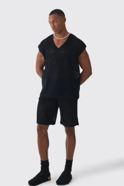 boohooMAN Oversized Open Stitch V Neck Tank Short Set With Metal Tab | UK| Sets & Co-Ords|Tracksuits