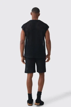 boohooMAN Oversized Open Stitch V Neck Tank Short Set With Metal Tab | UK| Sets & Co-Ords|Tracksuits