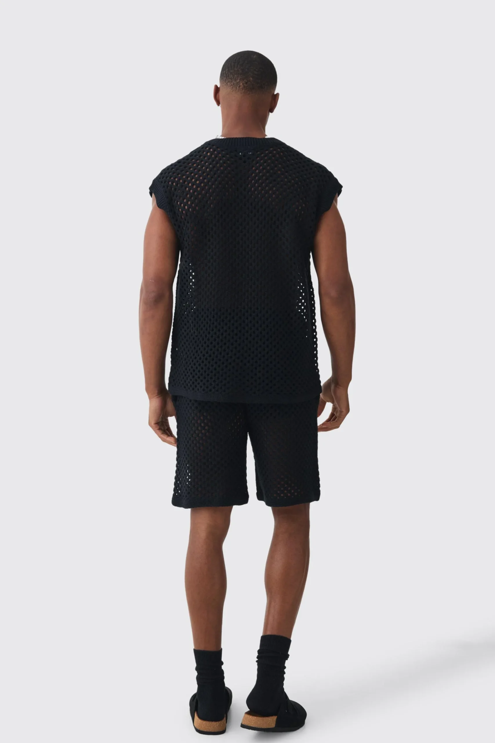 boohooMAN Oversized Open Stitch V Neck Tank Short Set With Metal Tab | UK| Sets & Co-Ords|Tracksuits