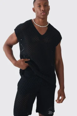 boohooMAN Oversized Open Stitch V Neck Tank Short Set With Metal Tab | UK| Sets & Co-Ords|Tracksuits