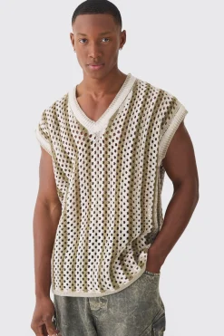 Oversized Open Stitch V Neck Stripe Knitted Tank | UK^boohooMAN Hot
