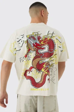 Oversized Over Seams Extended Neck Dragon Wash Print T-Shirt | UK^boohooMAN New