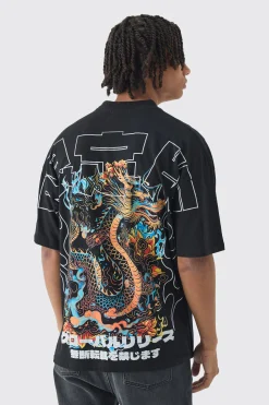 Oversized Over Seams Extended Neck Dragon Print T-Shirt | UK^boohooMAN Discount