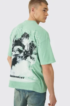Oversized Over Seams Extended Neck Dragon Wash Print T-Shirt | UK^boohooMAN
