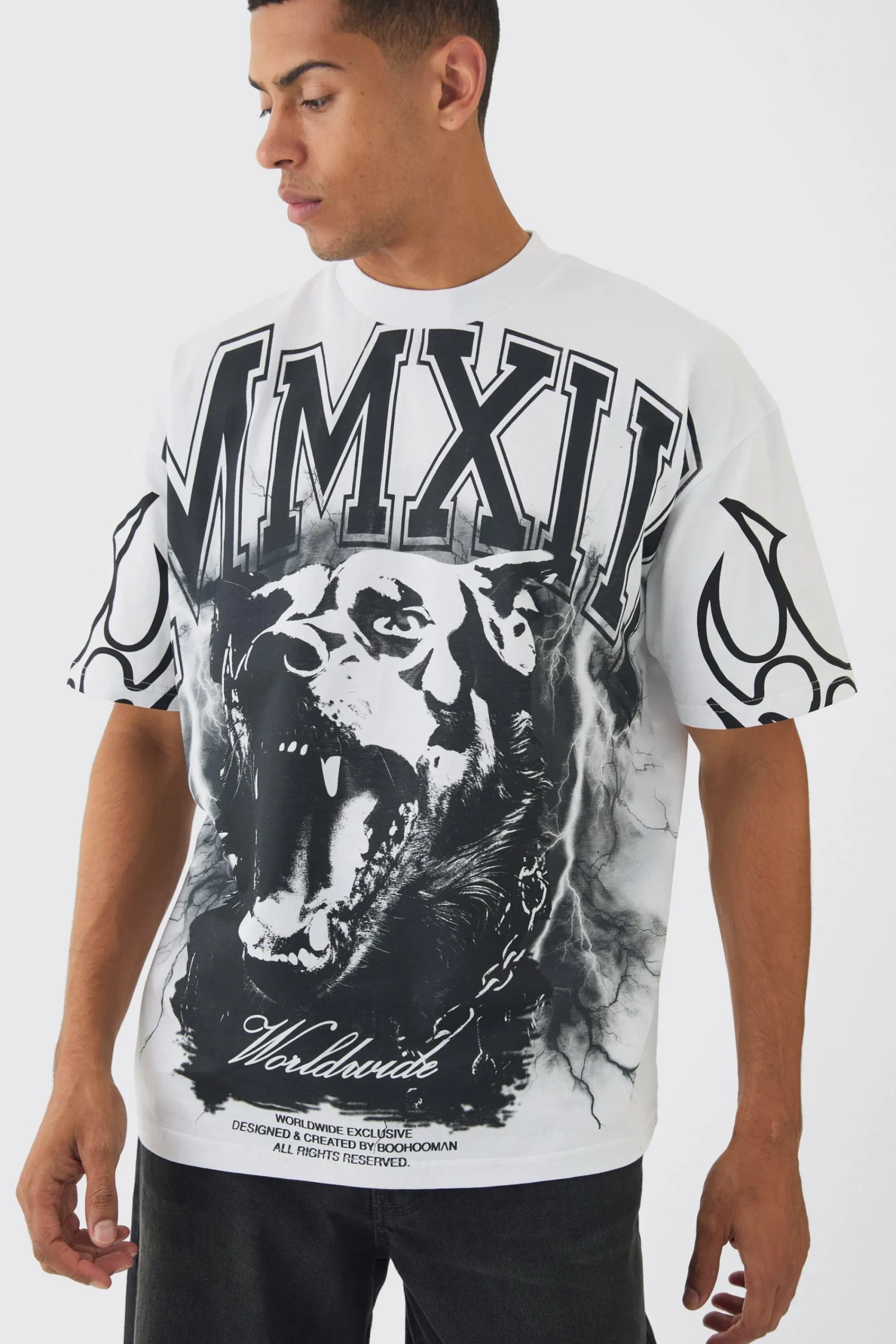 Oversized Over Seams Rottweiler Lightning Graphic T-Shirt | UK^boohooMAN Online