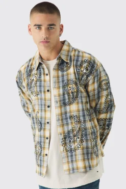 boohooMAN Oversized Paisley Embroidered Check Long Sleeve Shirt | UK| Shirts