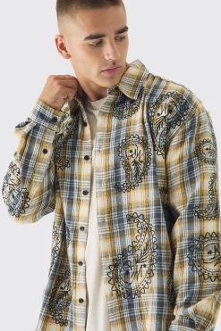 boohooMAN Oversized Paisley Embroidered Check Long Sleeve Shirt | UK| Shirts