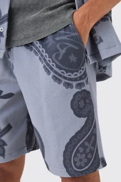 boohooMAN Oversized Paisley Tonal Printed Pleated Shirt & Short Set | UK| Sets & Co-Ords