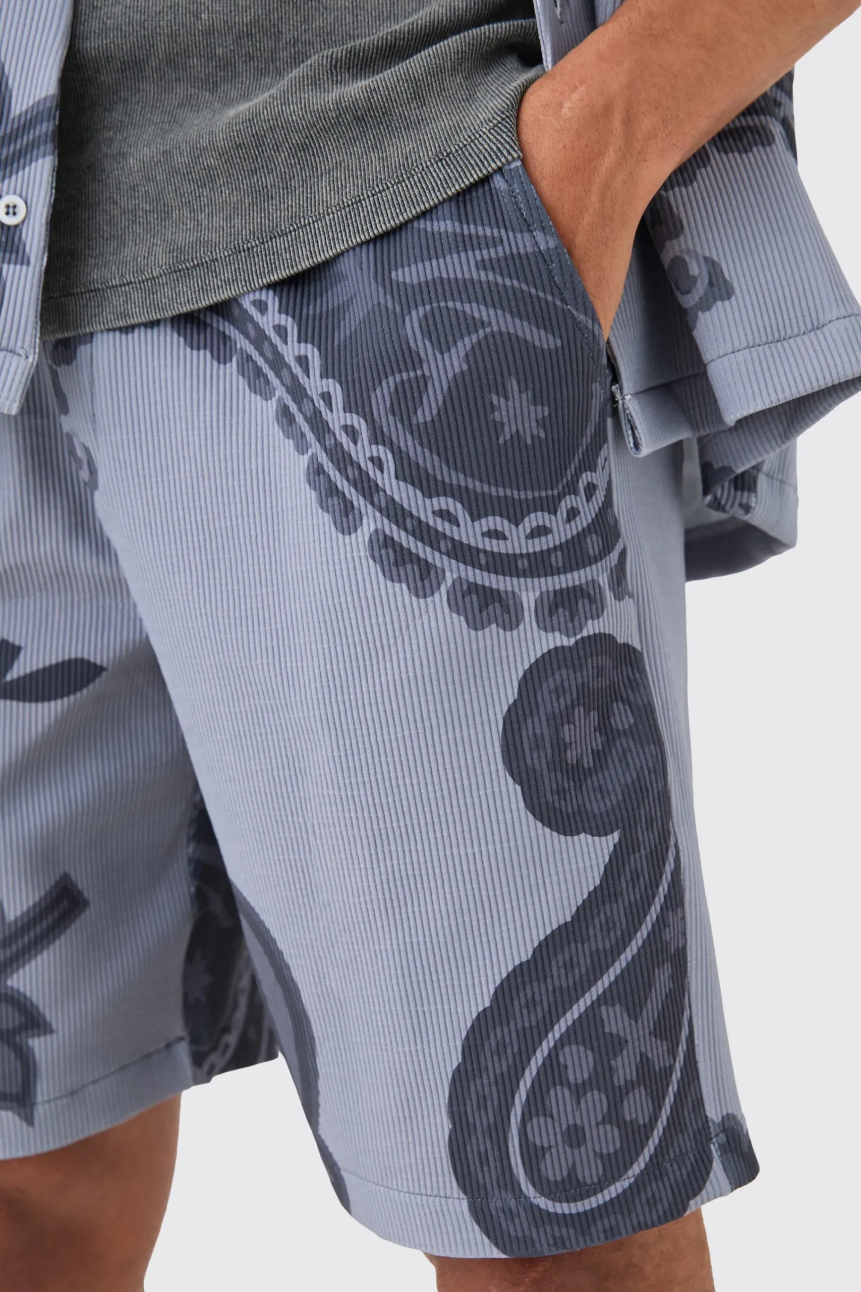 boohooMAN Oversized Paisley Tonal Printed Pleated Shirt & Short Set | UK| Sets & Co-Ords