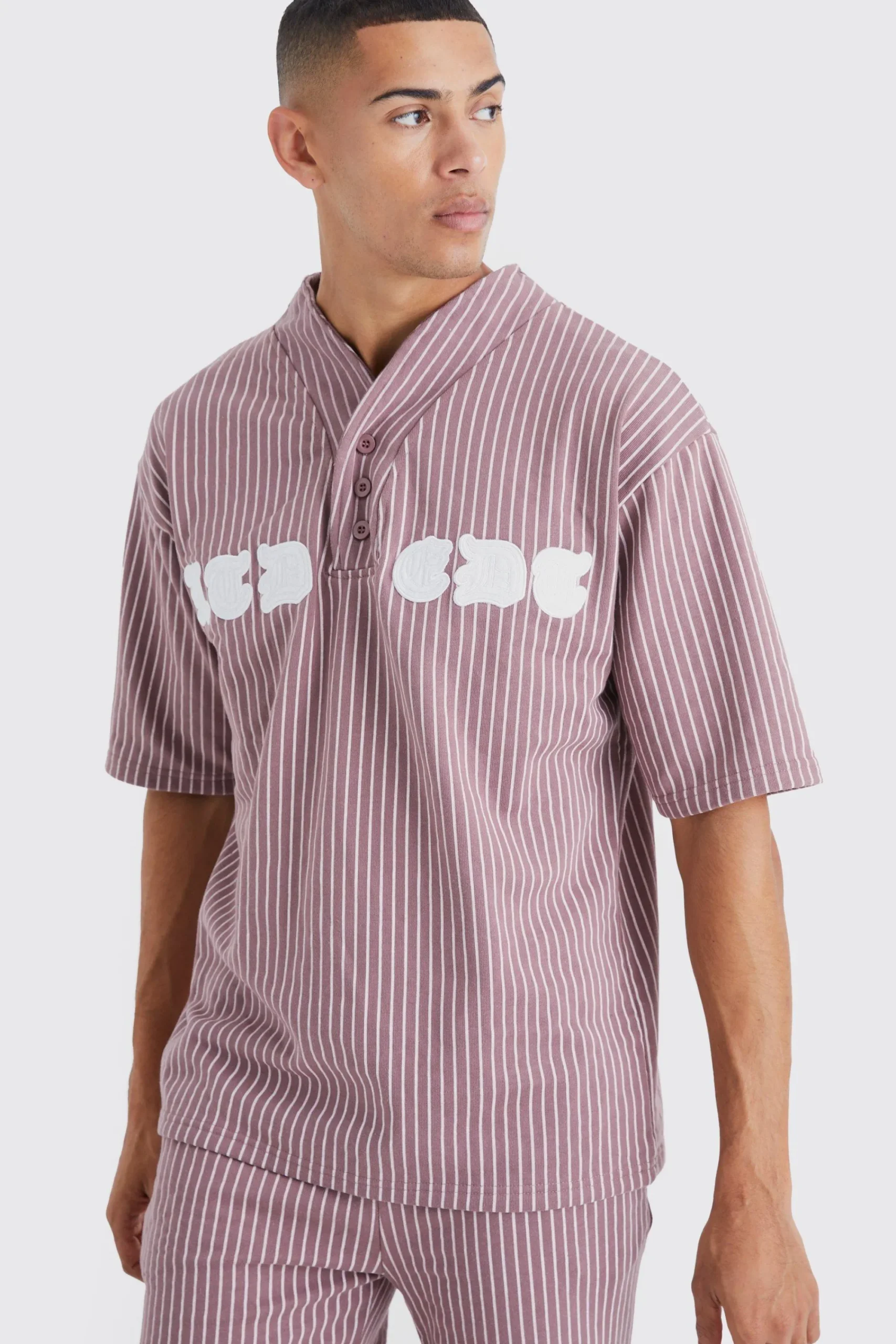 boohooMAN Oversized Pinstripe Baseball Polo & Short Set | UK| Tracksuits
