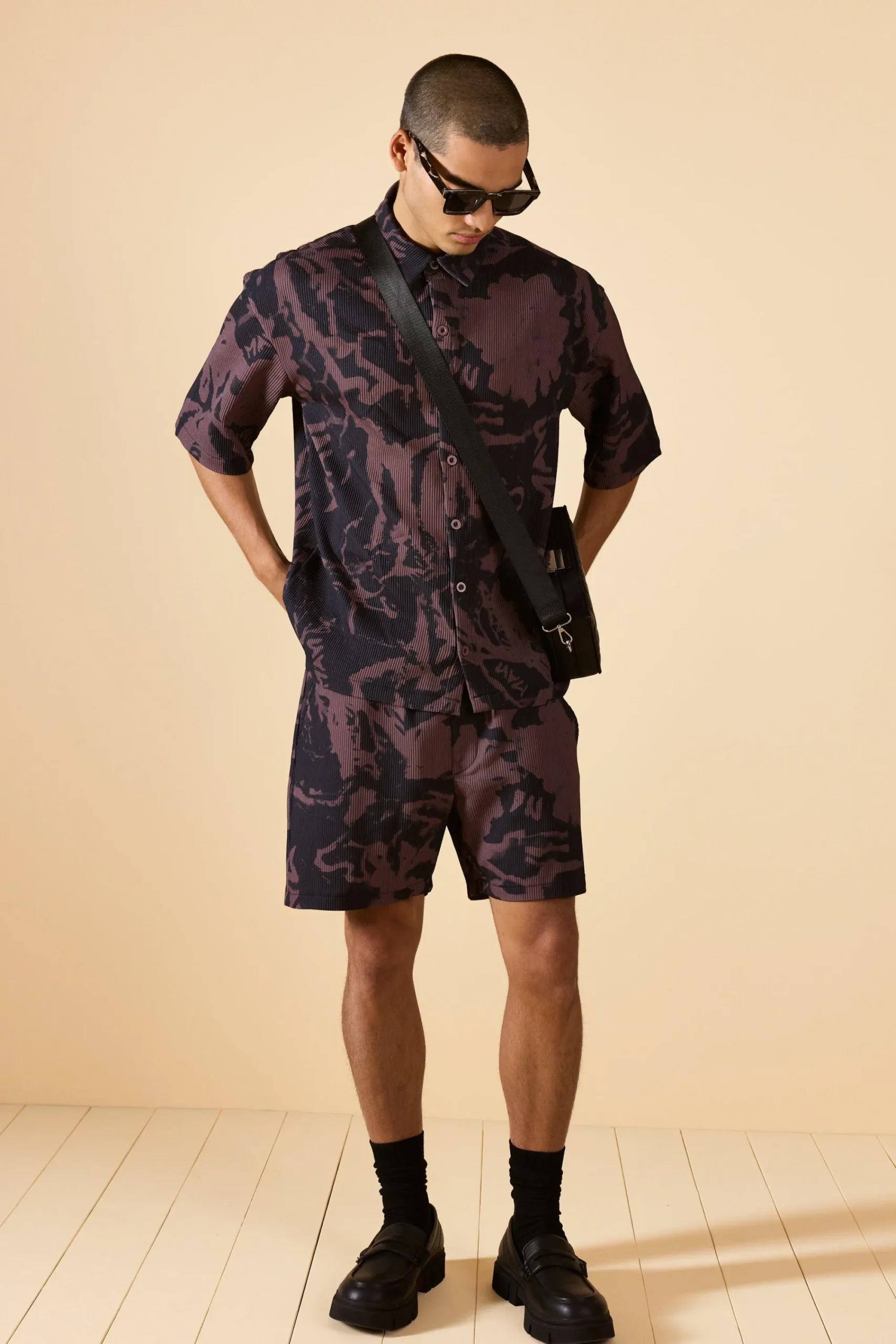boohooMAN Oversized Pleated Abstract Print Shirt & Short Set | UK| Sets & Co-Ords