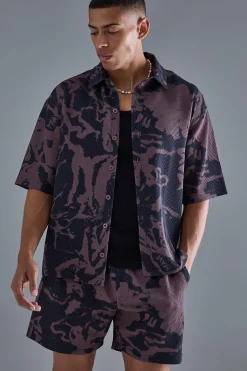 boohooMAN Oversized Pleated Abstract Print Shirt & Short Set | UK| Sets & Co-Ords