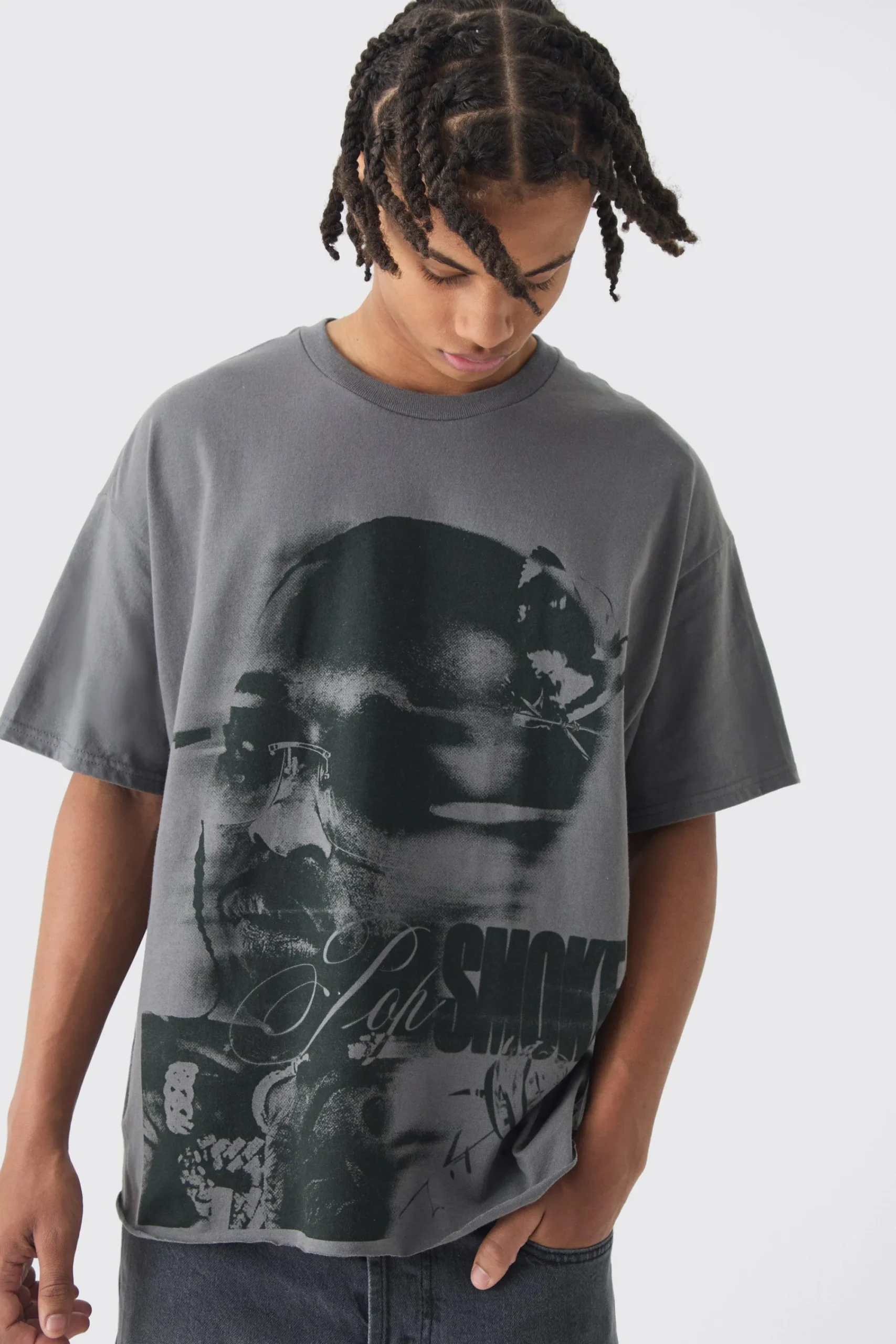Oversized Pop Smoke Wash Raw Hem License T-Shirt | UK^boohooMAN Hot
