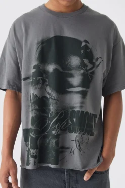 Oversized Pop Smoke Wash Raw Hem License T-Shirt | UK^boohooMAN Hot