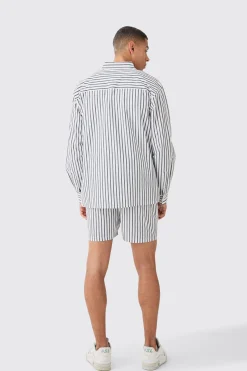boohooMAN Oversized Poplin Pinstripe Branded Waistband Short Set | UK| Sets & Co-Ords