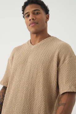 Oversized Premium Jacquard V Neck T-shirt | UK^boohooMAN Online