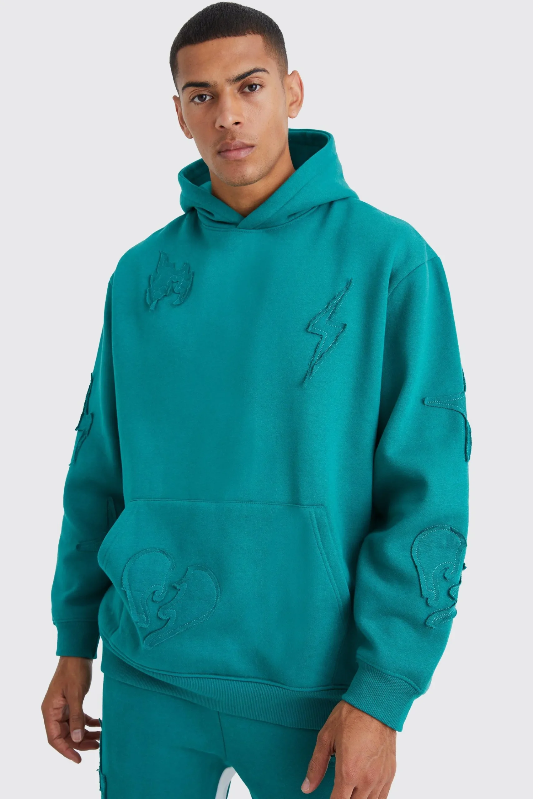 boohooMAN Oversized Raw Applique Hooded Gusset Tracksuit | UK| Tracksuits