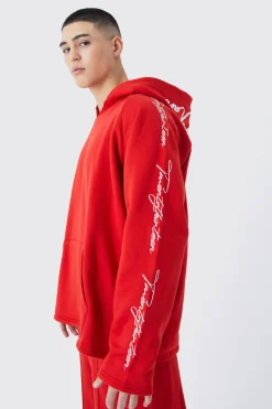 boohooMAN Oversized Raw Edge Script Embroide Hoodie | UK| Hoodies & Sweatshirts