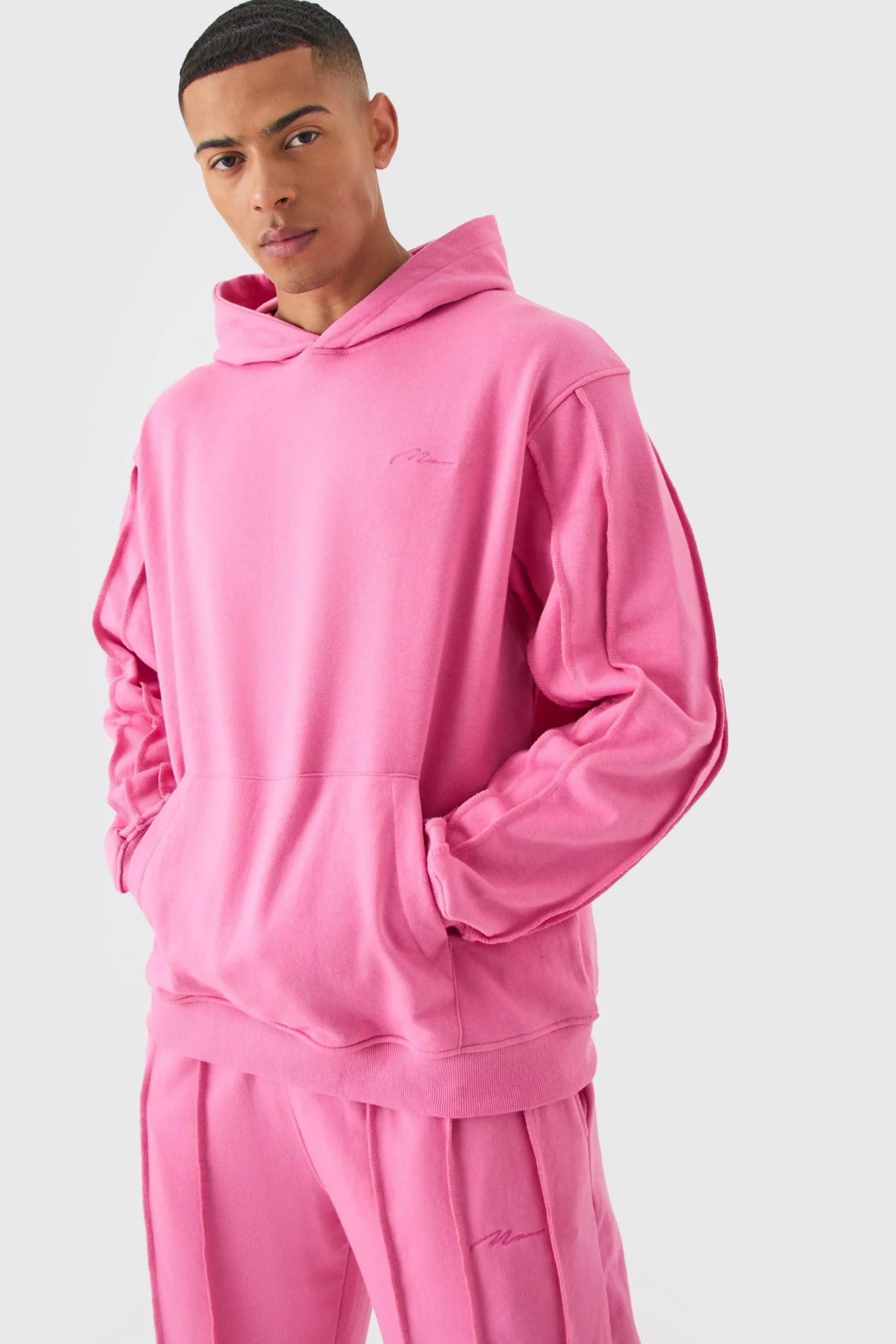 boohooMAN Oversized Raw Seam Man Sig Embroidered Hooded Tracksuit | UK| Tracksuits