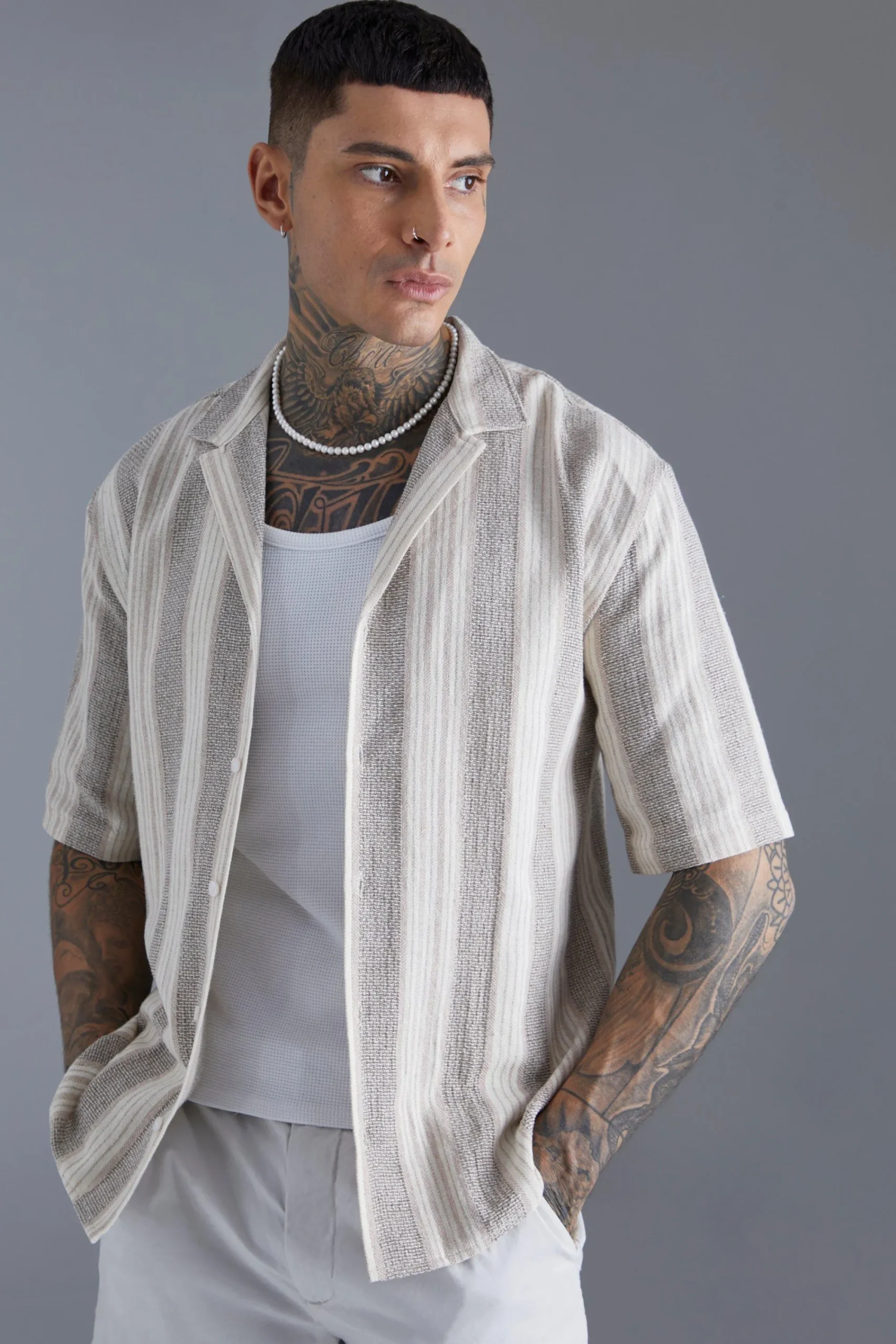 boohooMAN Oversized Revere Linen Look Stripe Shirt | UK| Shirts