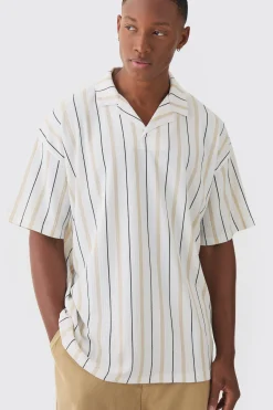 Oversized Revere Striped Crinkle Polo | UK^boohooMAN Discount