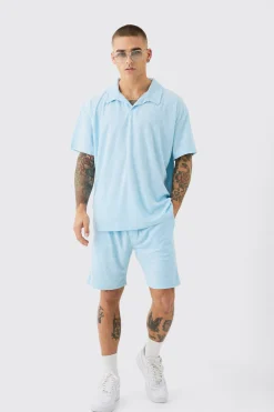 boohooMAN Oversized Revere Towelling Polo & Shorts Set | UK| Tracksuits