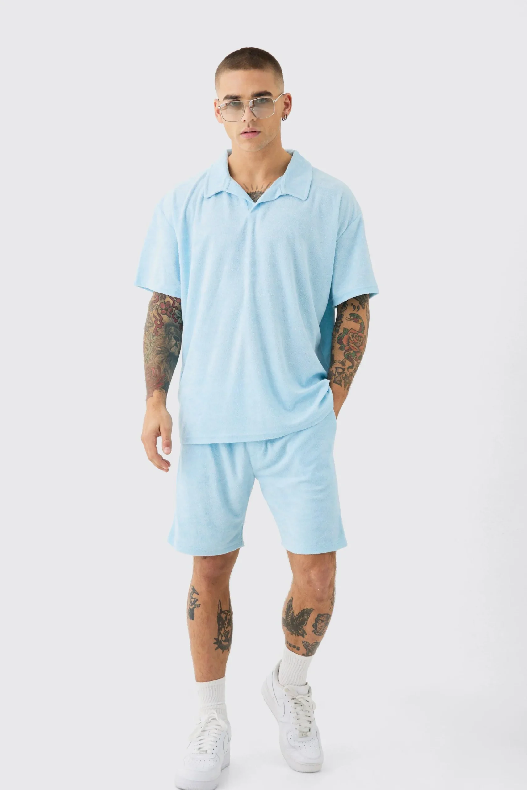 boohooMAN Oversized Revere Towelling Polo & Shorts Set | UK| Tracksuits