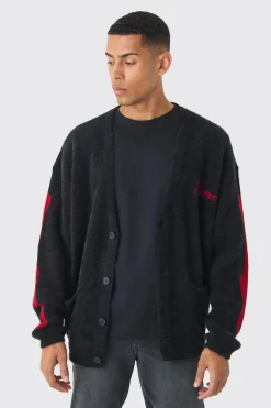 boohooMAN Oversized Ribcage Intarsia Fluffy Knit Cardigan In | UK| Knitwear