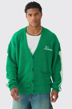 boohooMAN Oversized Ribcage Intarsia Fluffy Knit Cardigan In | UK| Knitwear