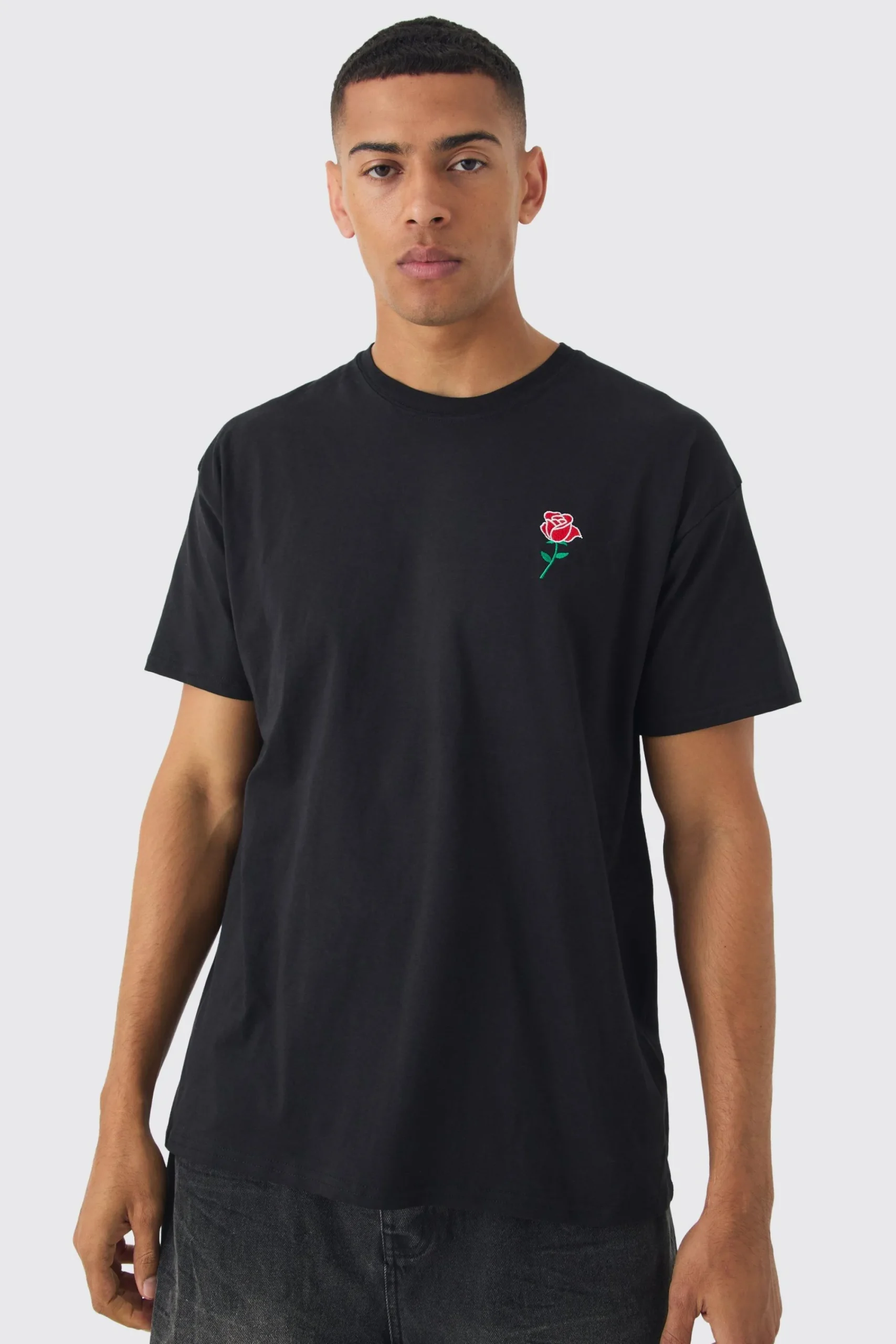 Oversized Rose Embroidered T-shirt | UK^boohooMAN Sale