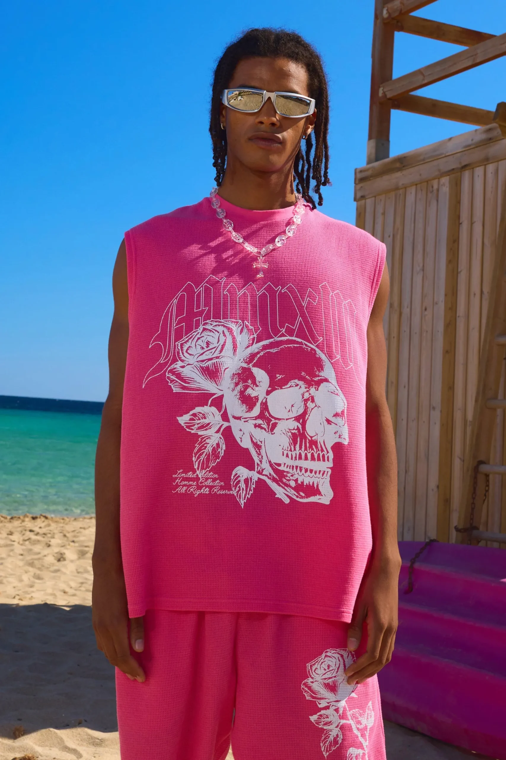 boohooMAN Oversized Rose Skull Waffle Large Printed Tank & Shorts Set | UK| Tracksuits