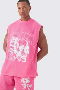 boohooMAN Oversized Rose Skull Waffle Large Printed Tank & Shorts Set | UK| Tracksuits