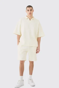 boohooMAN Oversized Rugby Revere Half Sleeve Sweat & Shorts Set | UK| Tracksuits