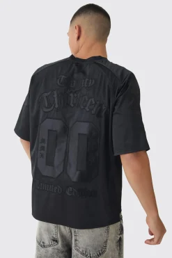 Oversized Satin And Denim Applique Varsity Tees | UK^boohooMAN Hot