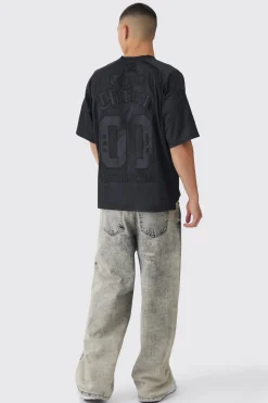 Oversized Satin And Denim Applique Varsity Tees | UK^boohooMAN Hot