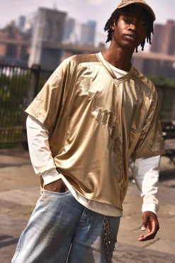 Oversized Satin Applique Varsity Top | UK^boohooMAN New